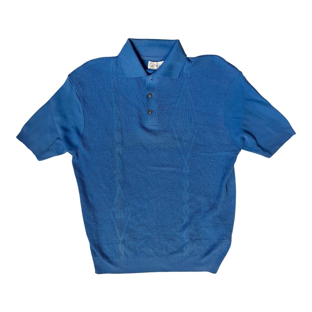 VTG 1960s Bermont Ban-Lon Knit Polo Short Sleeve Textured Blue Sweater Sz M